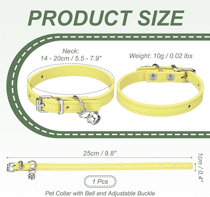 Dog Collar with Bell, Pu Leather Cat Collars Pet Basic Soft Padded Adjustable Buckle, 10" (Yellow, 1 Pcs), Intended for Teacup/Little Dog/Kitten Cats/Small Animals