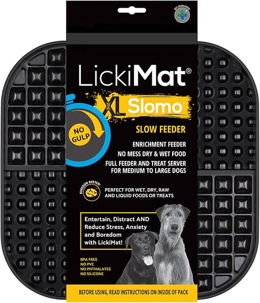LickiMat Slomo XL - Extra Large Slow Feeder Suitable for Dry, Wet, Raw Foods, All Treats and Doggy Ice Cream. Best for Medium to Massive Breeds. Durable Design with Non-Slip Base. (Black)