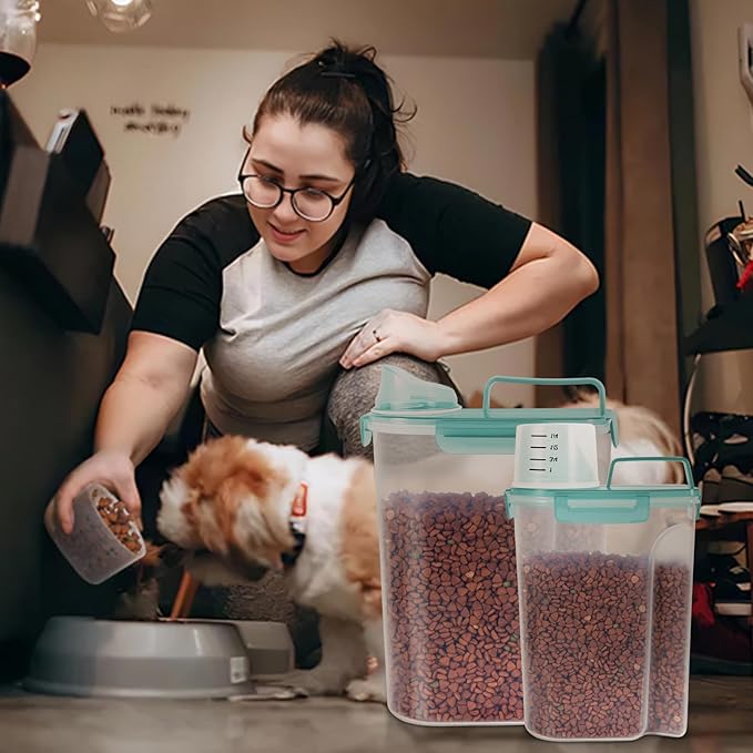 5-7Lbs Dog Cat Food Storage Container with Upgraded Large Nozzle BPA-free, 4 Snap Seals Plastic Pet Food Storage Containers with Handles (Clear Blue, (5L+3L) 2pack)