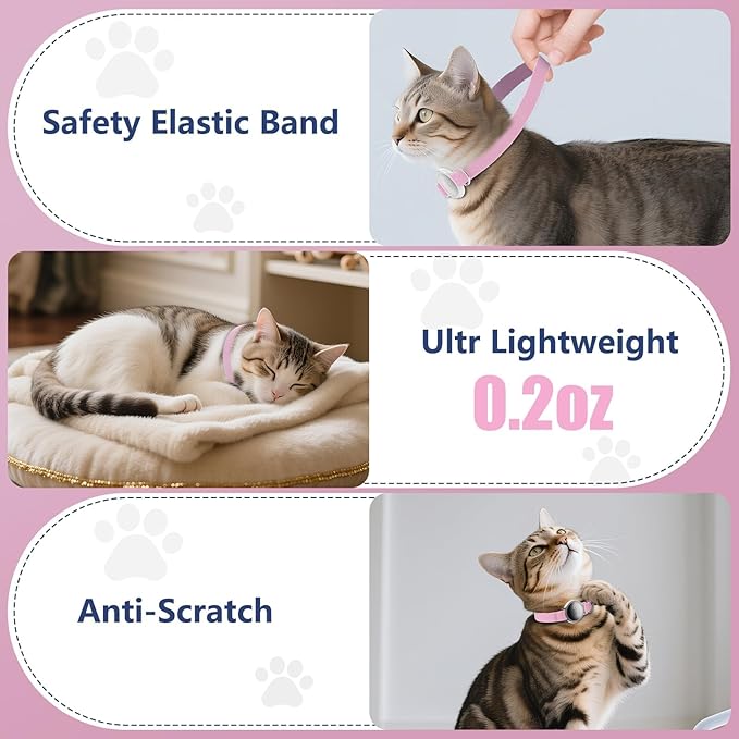 AirTag Cat Collar, Ultra Elastic Cat Tracker Collar, Airtag Holder Compatible with Apple Air Tag, [Lightweight & Scratch Resistant] Adjustable Stepless GPS Pet Collar for Cats Kittens, Pink