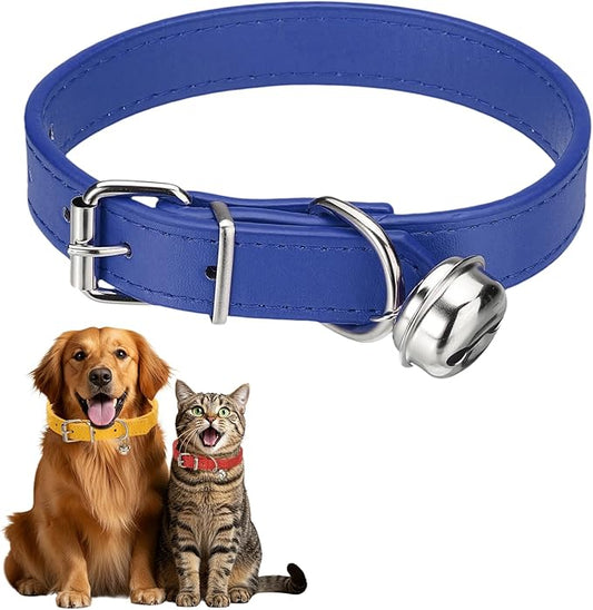 Dog Collar with Bell, Pu Leather Cat Collars Pet Basic Soft Padded Adjustable Buckle, 16" (Navy, 1 Pcs), Intended for Teacup/Little Dog/Kitten Cats/Small Animals