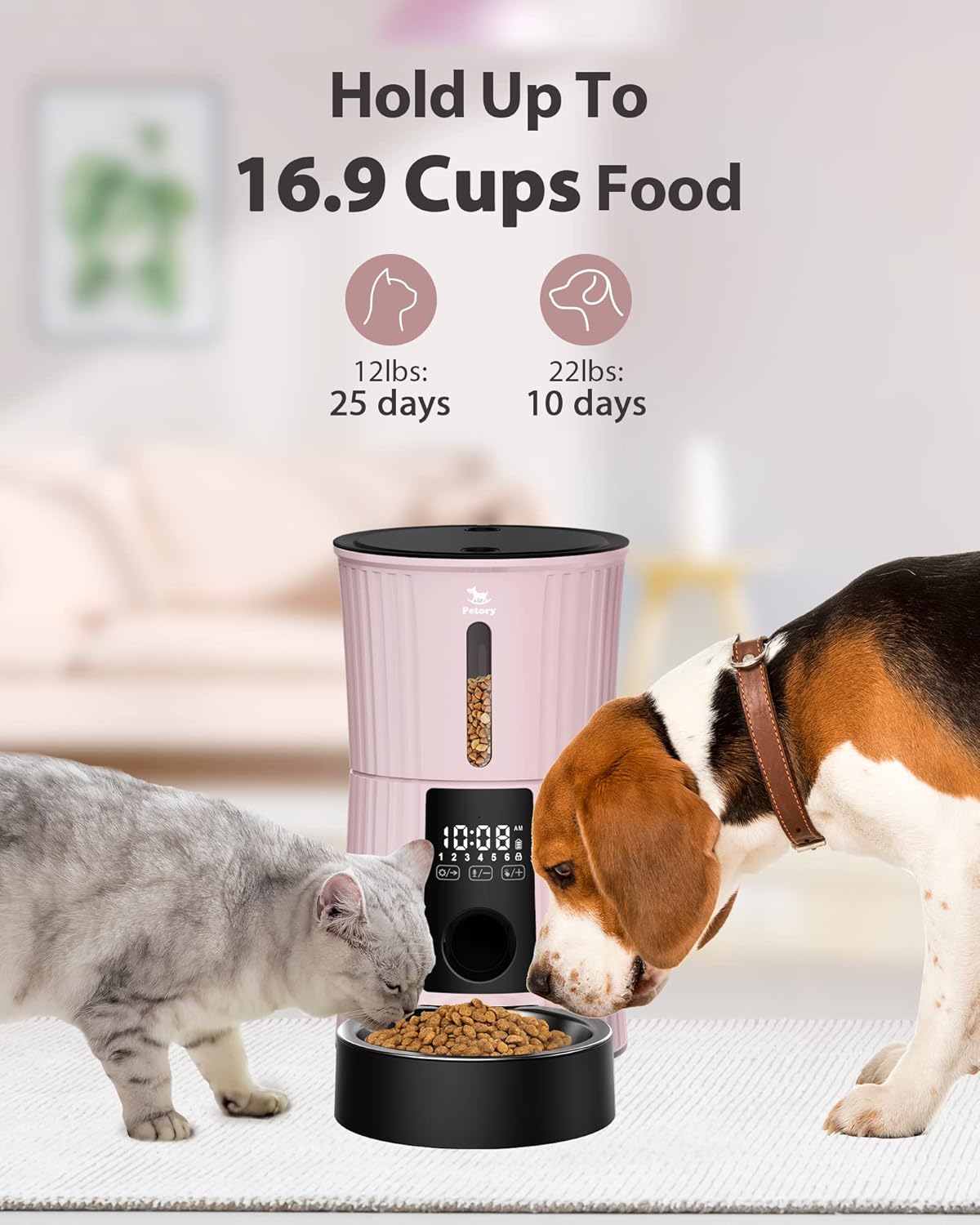 Petory Timed Automatic Cat Feeders - 4L Programable Dry Food Dispenser for Cats and Small Medium Dogs 6 Meals with Desiccant Bag Dual Power Supply 10S Voice Recorder