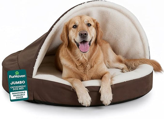 Furhaven 44" Round Orthopedic Dog Bed for Large Dogs w/ Removable Washable Cover, For Dogs Up to 80 lbs - Sherpa & Suede Snuggery - Espresso, 44-inch
