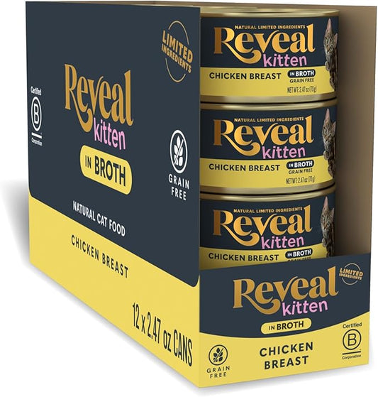 Reveal Natural Wet Kitten Food, Limited and Natural Ingredients, Grain Free, High Protein with No Artificial Additives, Chicken Breast in Broth (12 x 2.47 oz Cans)