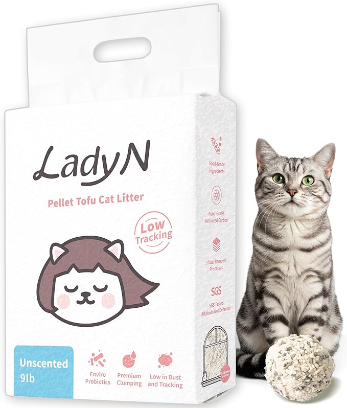 Lady N Pellet Tofu Cat Litter, Strong Clumping Ultra Absorbent, Dust-Free Low Tracking, Enviro-probiotic and Activated Carbon for Odor Control 9lb (1 Pack Unscented)