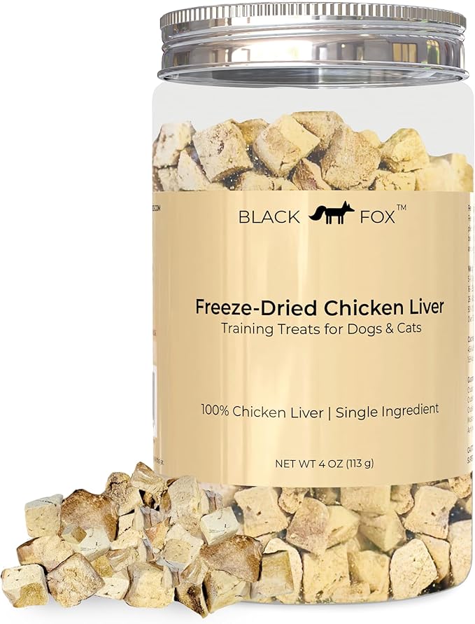 BLACK FOX Freeze-Dried Chicken Liver Training Treats for Dogs and Cats | 270 Treats, 4oz Single Ingredient, Raw, Healthy, All Natural, Human Grade, Recyclable Packaging