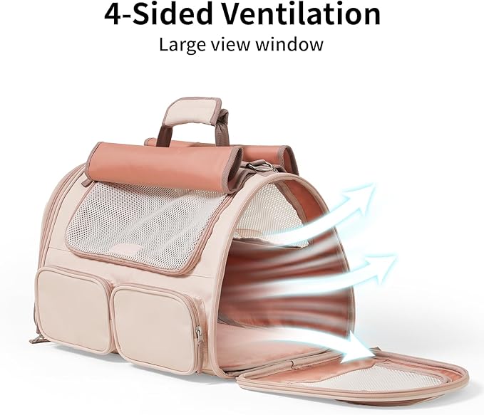 FUKUMARU Cat Carrier, 4 Mesh Windows Small Dog Carrier, 4 Storage Pockets Cat Travel Bag, Under 15 lb Airline Approved Pet Carrier, Rollable Cover for Nervous Cats, Pink