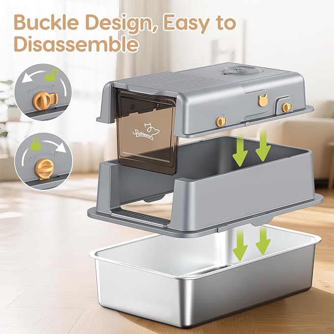 L7 Pro-Stainless Steel Litter Box with Lid, XXL Extra Large Enclosed Metal Cat Box for Kitty&Big Cats, Odor Control - Cat Litter Deodorizer, High Sided Enclosure with Scoop & Mat, Anti-Leakage-Grey