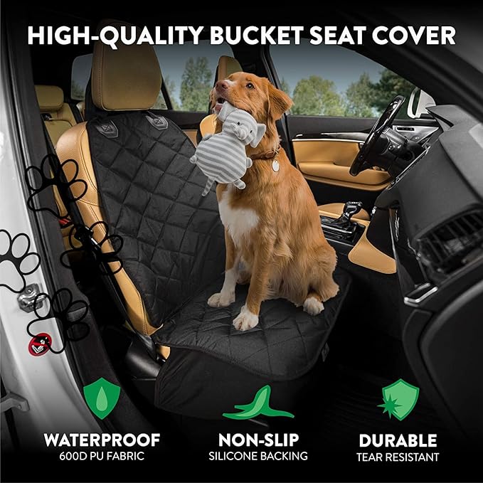 Plush Paws Products Premium Bucket Car Seat Protector | Diamond Stitching | Washable & Waterproof Front Seat Dog Cover Car, Truck, & SUV | Nonslip, Tear Resistant Pet Passenger Seat Cover | Black