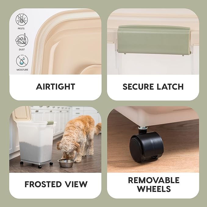 IRIS USA Airtight Dog Food Storage Container, WeatherPro, Up to 40 lbs, Removable Wheels, for Dog Cat Bird and Other Pet Food Storage Bin, Keep Fresh, Translucent Body, Made in USA, Pearl/Almond