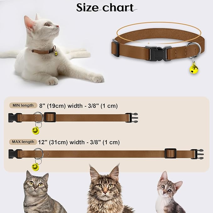 Breakaway Cat Collar with Bell - Leather Adjustable Kitten Collars with Safety Quick Release Buckle - Soft Small Pet Collars for Girl & Boy Cats (Brown)
