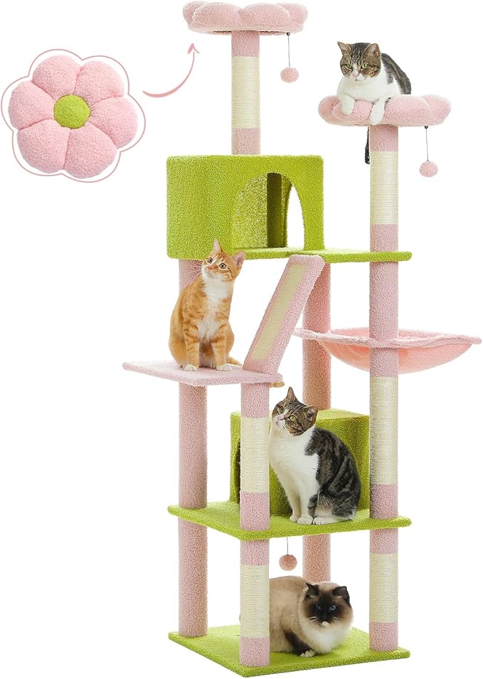 Flower Cat Tree, 70.9-inch Tall Cat Tower in Blossom Pink with 2 Condos & Large Hammock, Whimsical Cat Activity Center with Pom Poms for Indoor Cats