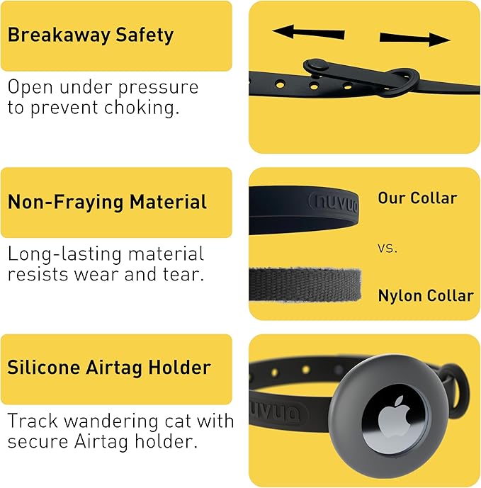 Airtag Cat Collar - Soft, Comfortable, and Lightweight Breakaway Collar with Air Tag GPS Tracker Holder for Outdoor Cats and Sensitive Skin Kittens by Nuvuq (6 ⅞" to 10 ¼", Black)