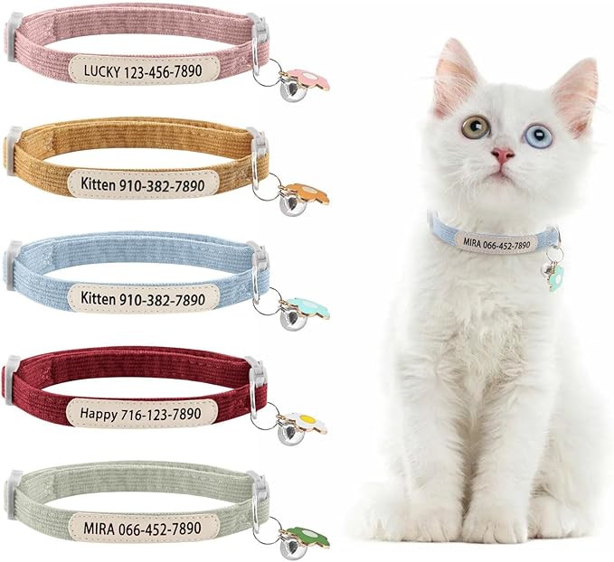 Personalized Cat Collar with Bell - Custom Kitten Breakaway Collars with UV Printed Pet Name and Phone Number Adjustable and Stylish (Corduroy)