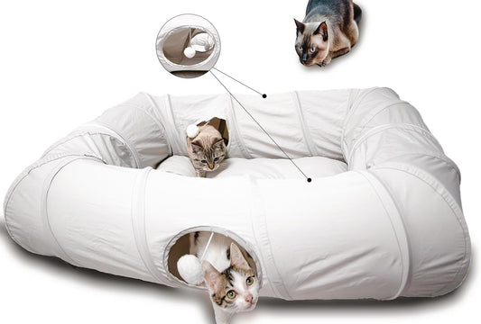 XxingSheep 4 Ways Shuttled XL Cat Tunnel Bed for Indoor Cats Peekaboo Cat Cave Donut with Cool Mat
