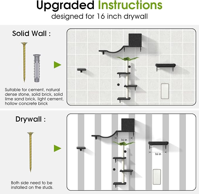 5-in-1 Cat Wall Shelves for 16 Inch Drywall: Space-Saving Wall Mounted Cat Shelves with Climbing, Perch & Lounge