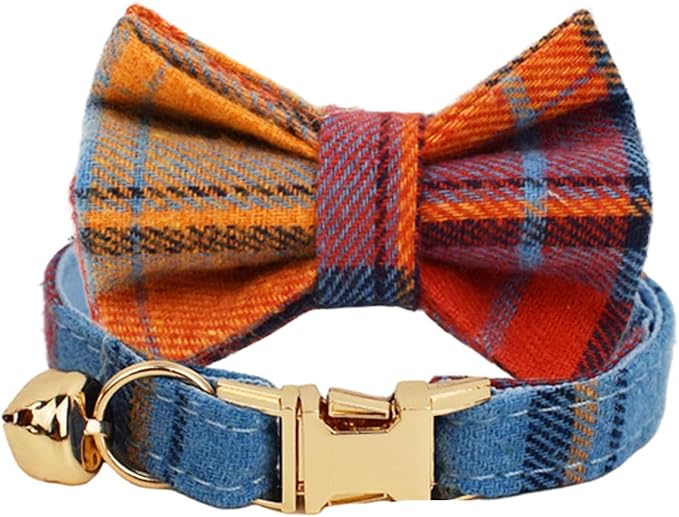 Plaid Polyester Personalized Cat Collar with Name & Owner Phone, Customizable Laser-Engraved, Charming Bell, Metal Buckle for Kittens and Cats - Matching Leash Available (Style-E)