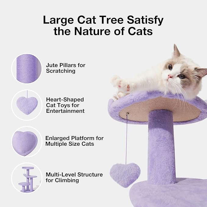 VETRESKA 40 inches Cat Tree for Indoor Cats, Multi Level Cat Tower with Cat Scratching Post, Cute Cat Climbing Tree with Dangling Toy for Cats, Purple