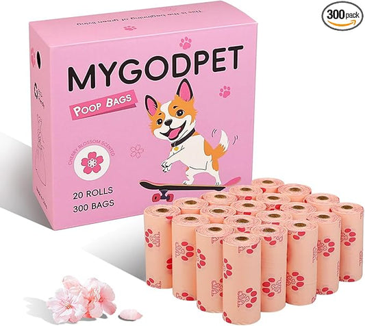 Dog Poop Bags Rolls 300 Count Biodegradable Poop Bags Refills for Dog and Cat Cherry Blossom Scented Waste Bag Leak Proof Doggie Poop Bag Doggy Trash Bag Pink
