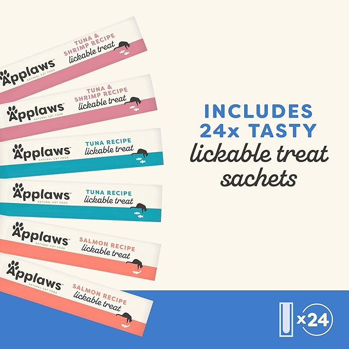 Applaws Lickable Cat Treats, Natural Grain-Free Purée, Made with Limited and Natural Ingredients, No Artificial Additives, Fish Squeeze Up Cat Treats (24 x 0.5 oz Sachets)