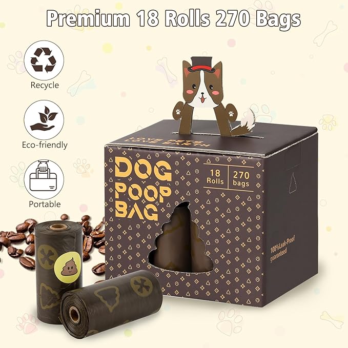 DBFAIRY Dog Poop Bags Coffee Scented, 18 Rolls 270 Count Compostable Dog Waste Bags Strong Thick, Leak Proof and Portable Poo Bags Refill Rolls for Dogs and Cats