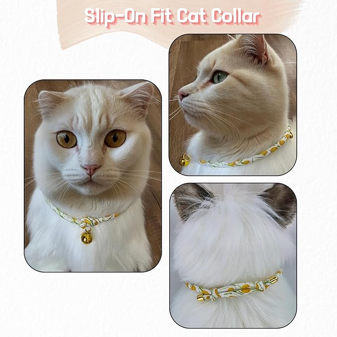 Handmade Cotton Spring Cat Collar with Bell – Adjustable Slip-On Design, No Buckle, Lightweight Rope Collar for Kittens, Indoor Cats, and Small Pets (Leaf-Yellow)