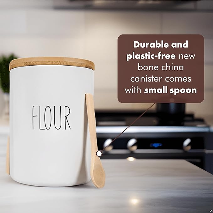 Arthausen Flour Ceramic Storage 4 Cup / 1080mL Container w/Bamboo Lid Silicone Seal & Spoon, Modern Abstract Art Design for Flour Coffee Spice Airtight Storage on Kitchen Counter Bathroom Organizer