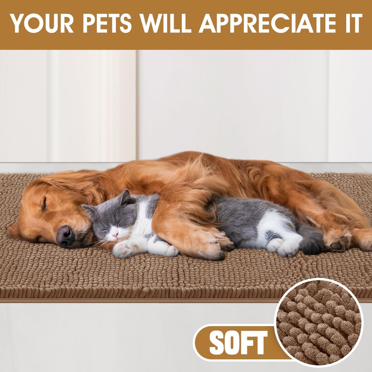 4 Pieces Muddy Door Mats for Dogs, Chenille Absorbent Pet Mats, Quick Dry, Trap Dirt Non Slip Heavy Indoor Doormat Soft Dog Bed Mat Front Inside Door Mat for Indoor Outdoor Entrance,Camel