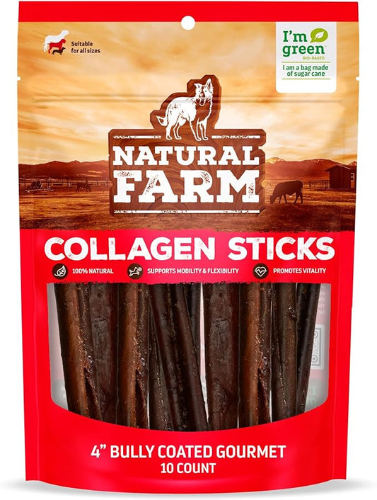 Natural Farm Bully Coated Gourmet Collagen Sticks (4 Inch, 10 Pack), Real Bully Beef Coated, 95% Natural Collagen Dog Chews, Supports Healthy Joints, Skin & Coat - Best for Small & Medium Dogs