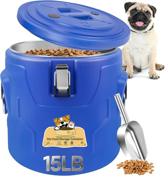 15lb Dog Food Storage Container, Stainless Steel Airtight Pet Food Storage Container and Durable Plastic Food Container, Large Metal Cat Food Container with Lid and Scoop to Keep Fresh