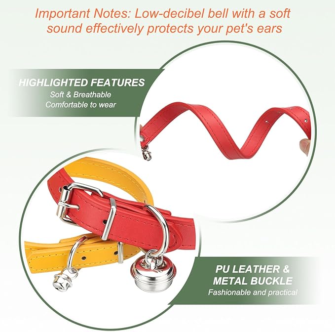 Dog Collar with Bell, Pu Leather Cat Collars Pet Basic Soft Padded Adjustable Buckle, 20" (Orange, 1 Pcs), Intended for Teacup/Little Dog/Kitten Cats/Small Animals