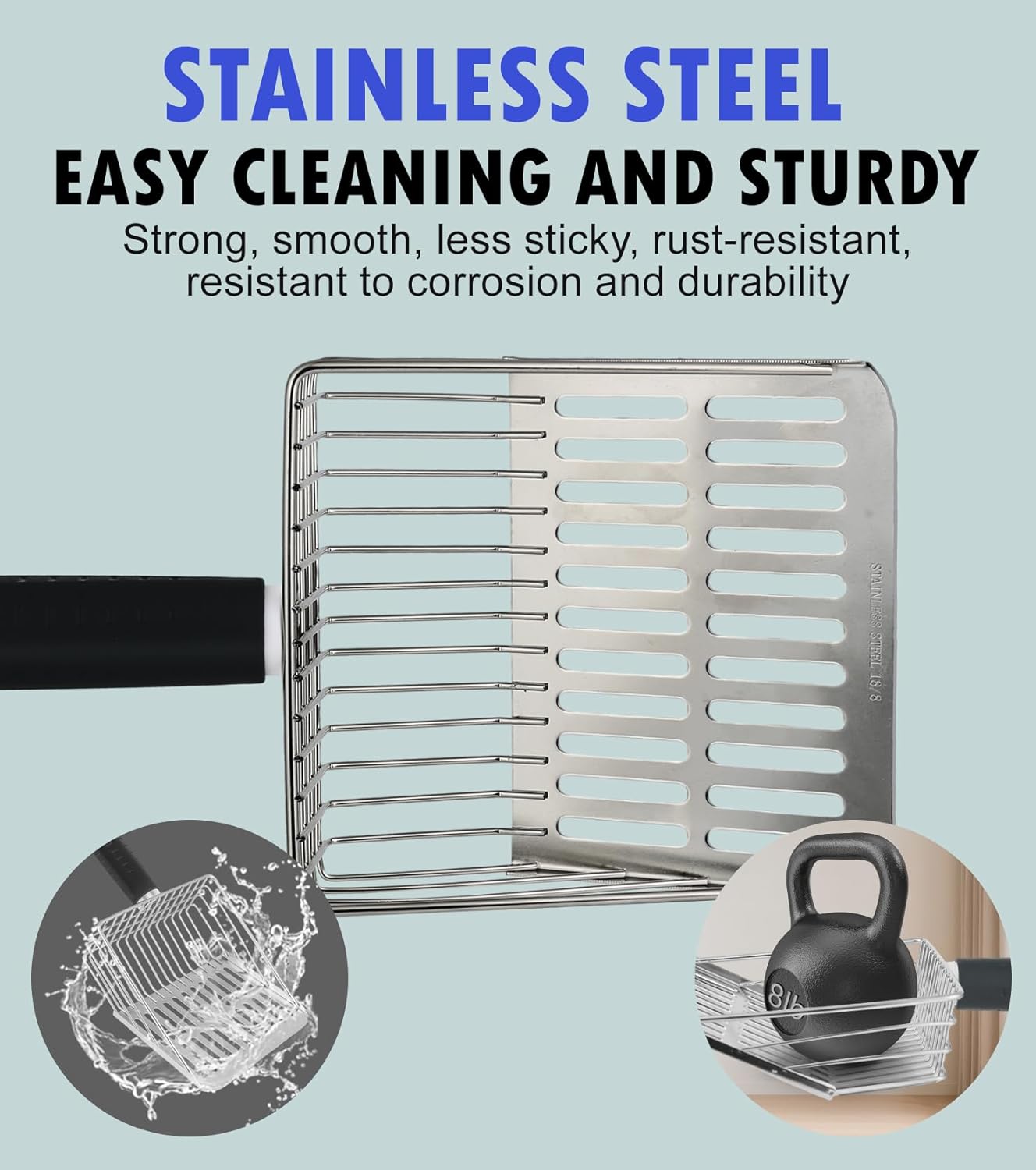 2PCS Cat Litter Scoop, Solid and Durable Kitty Metal Scooper, Stainless Steel Sifter, Heavy Duty, for Litter Box, Black Rubber Handle, Included Stainless Steel Hook