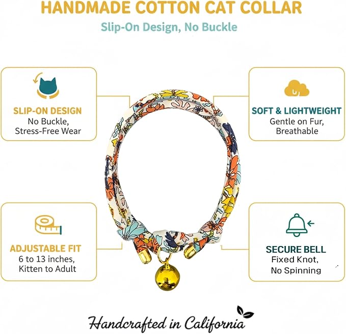 Handmade Cotton Cat Collar with Bell – Adjustable Slip-On Design, No Buckle, Lightweight Rope Collar for Kittens, Indoor Cats, and Small Pets (Vibe)