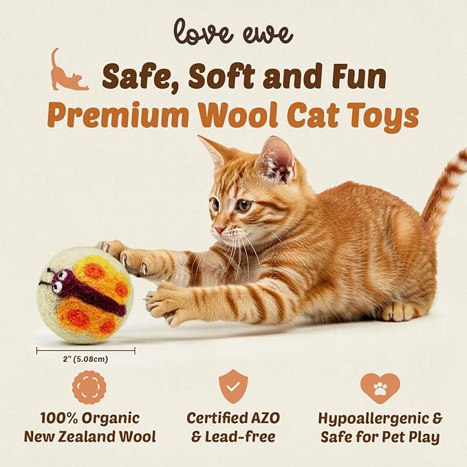 Hustle & Blush Wool Felt Balls - 3 Pack Love Ewe Pet Supplies – 2in Colorful & Durable Cat Toys Handmade from New Zealand, Ideal for Indoor Play and Mental Stimulation – Dragonfly & Butterfly Design