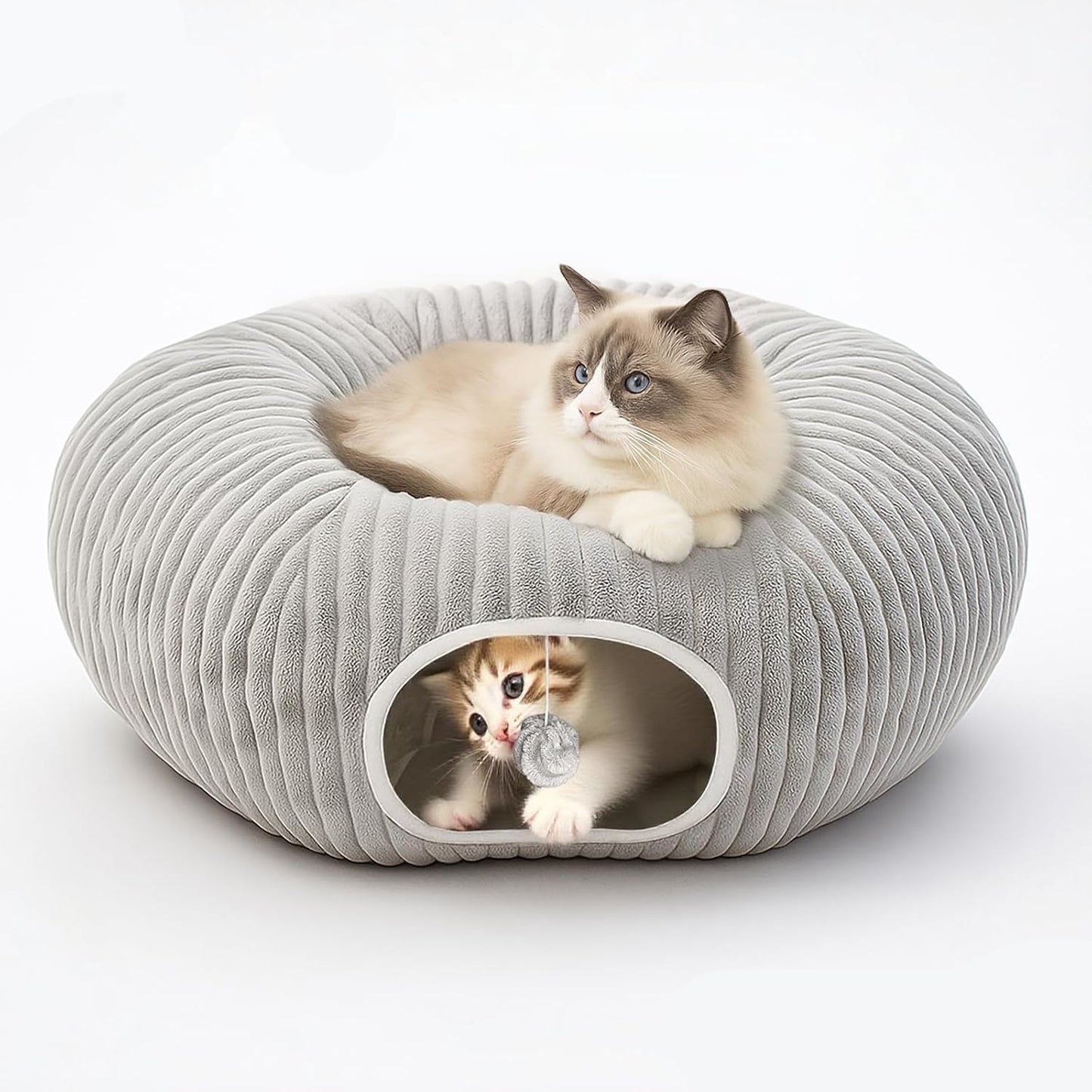 Cat Tunnel Bed for Indoor Cats, Peekaboo Cat Cave Bed,Soft Cat Donut Tunnel for Kitten Large Cats, Grey