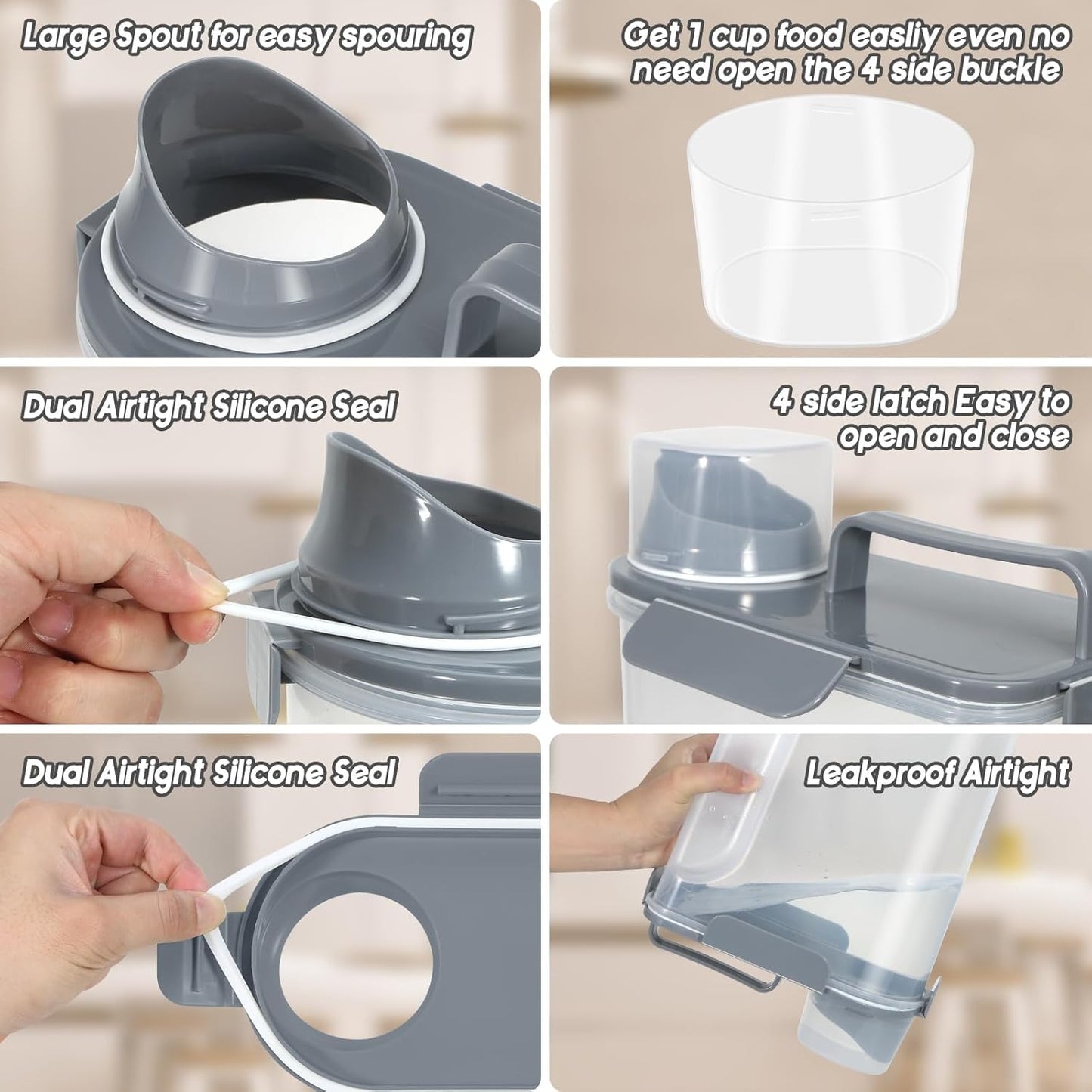 5-7Lbs Dog Cat Food Storage Container with Upgraded Large Nozzle BPA-free, 4 Snap Seals Plastic Pet Food Storage Containers with Handles (2, Gray Blue + Red, 5L)