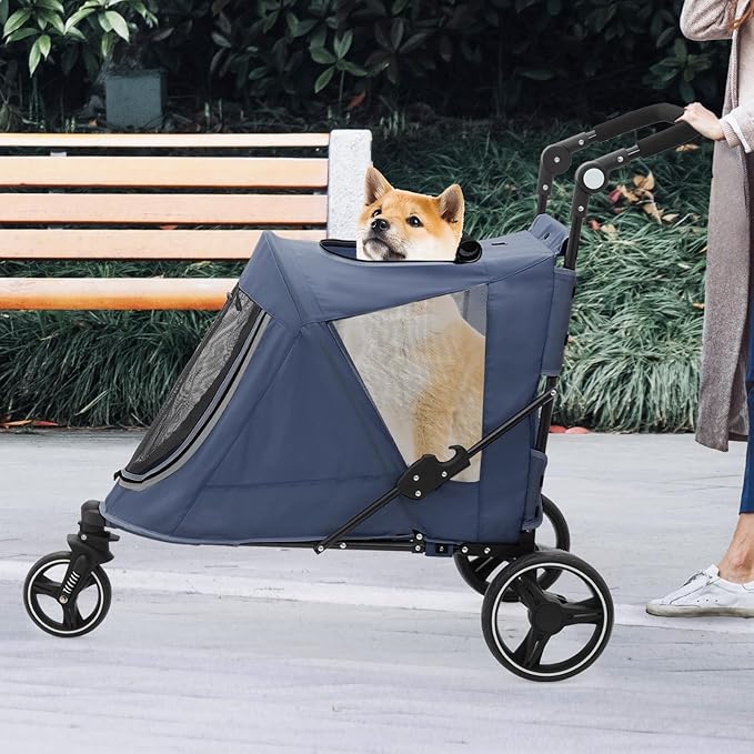 Athena Collection 3 Wheels Pet Stroller Fabric Dog Cart Dog Stroller for Large Dogs 55 Lbs Pet Stroller with Mesh Windows, Zipper Back Pocket, Safety Tether, Angle Adjustable Handlebar, Navy Blue