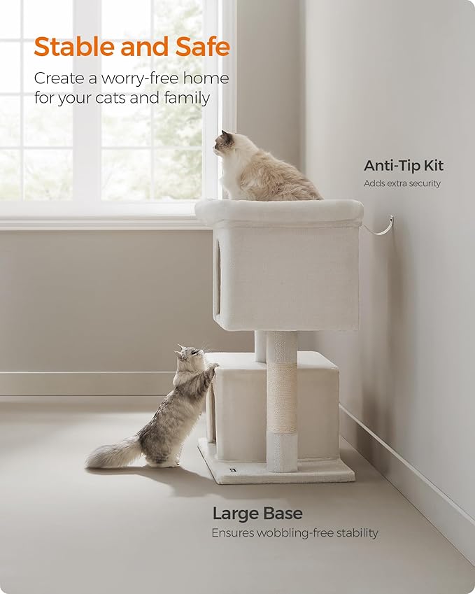 Feandrea Cat Tree, 39.8-Inch Cat Tower, XL, Cat Condo for Extra Large Cats up to 44 lb, Large Cat Perch, 2 Cat Caves, Scratching Post, Cream White UPCT614T01