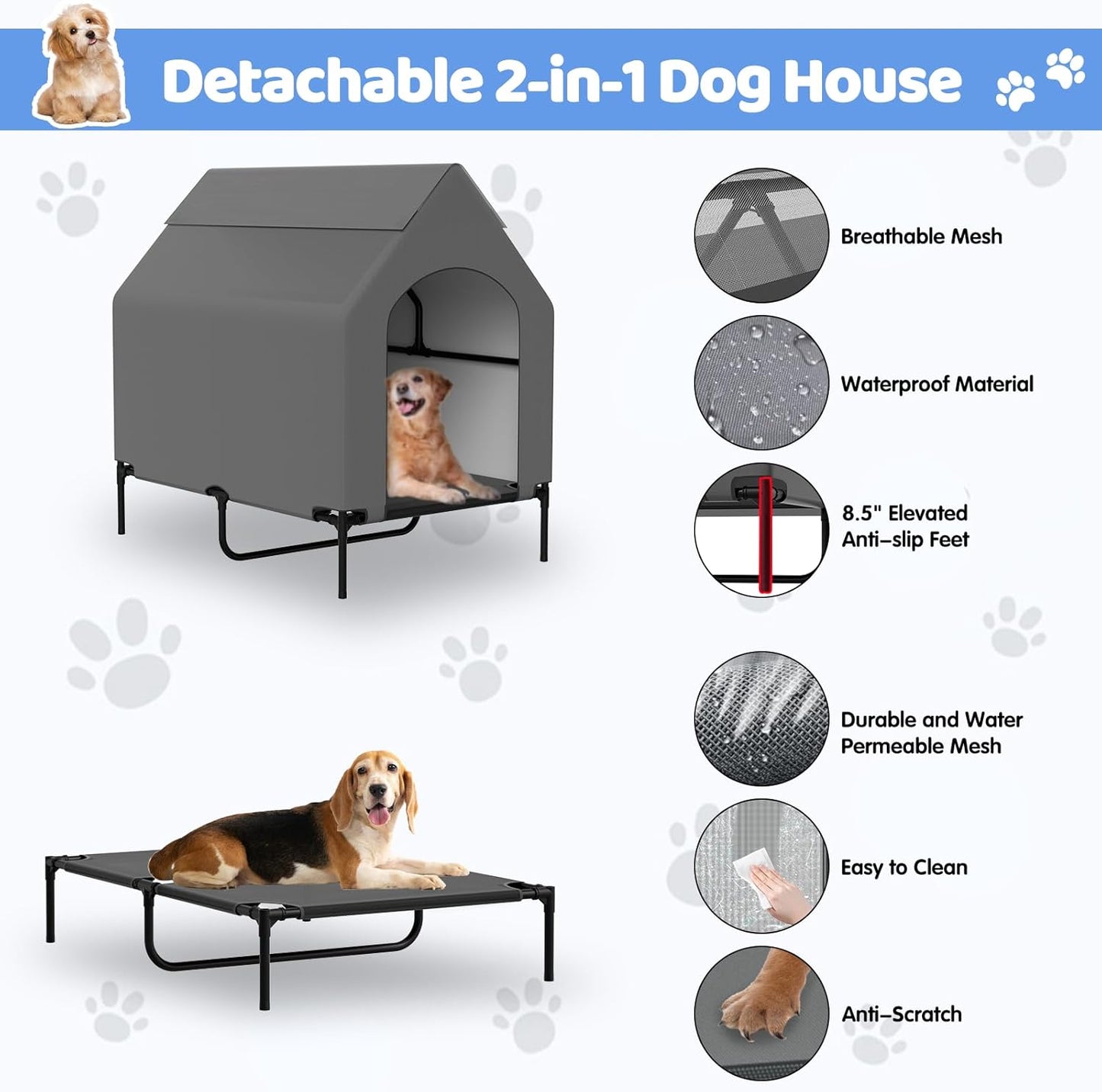 48” Extra Large Dog House-2-in-1 Extra Large Dog House with 8.5” Elevated Dog Bed-Weatherproof Waterproof Outdoor Dog House,Easy to Clean
