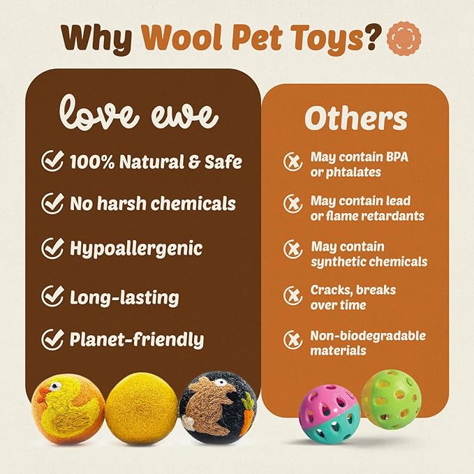 Hustle & Blush Wool Felt Balls - 3 Pack Love Ewe Pet Supplies – 2in Colorful & Durable Cat Toys Handmade from New Zealand, Ideal for Indoor Play and Mental Stimulation – Duck & Bunny Design