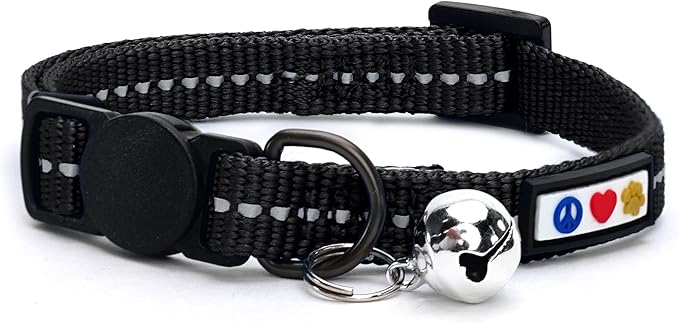 Pawtitas Recycled Black Reflective Cat Collar – Eco-Friendly Breakaway Safety Buckle, Adjustable Kitten & Adult Collar with Removable Bell and High-Visibility Strap