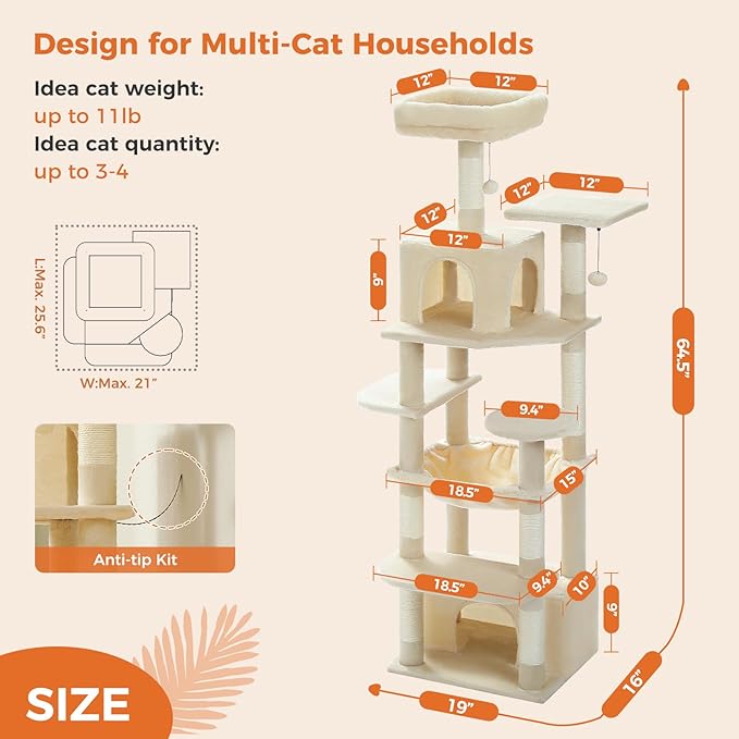 Cat Tree for Indoor Cats, 64.5" Tall Cat Tower with 2 Cozy Condos, Scratching Posts, Large Hammock and Dual Padded Perches, Multi-Level Activity Center for Large Cats, Beige