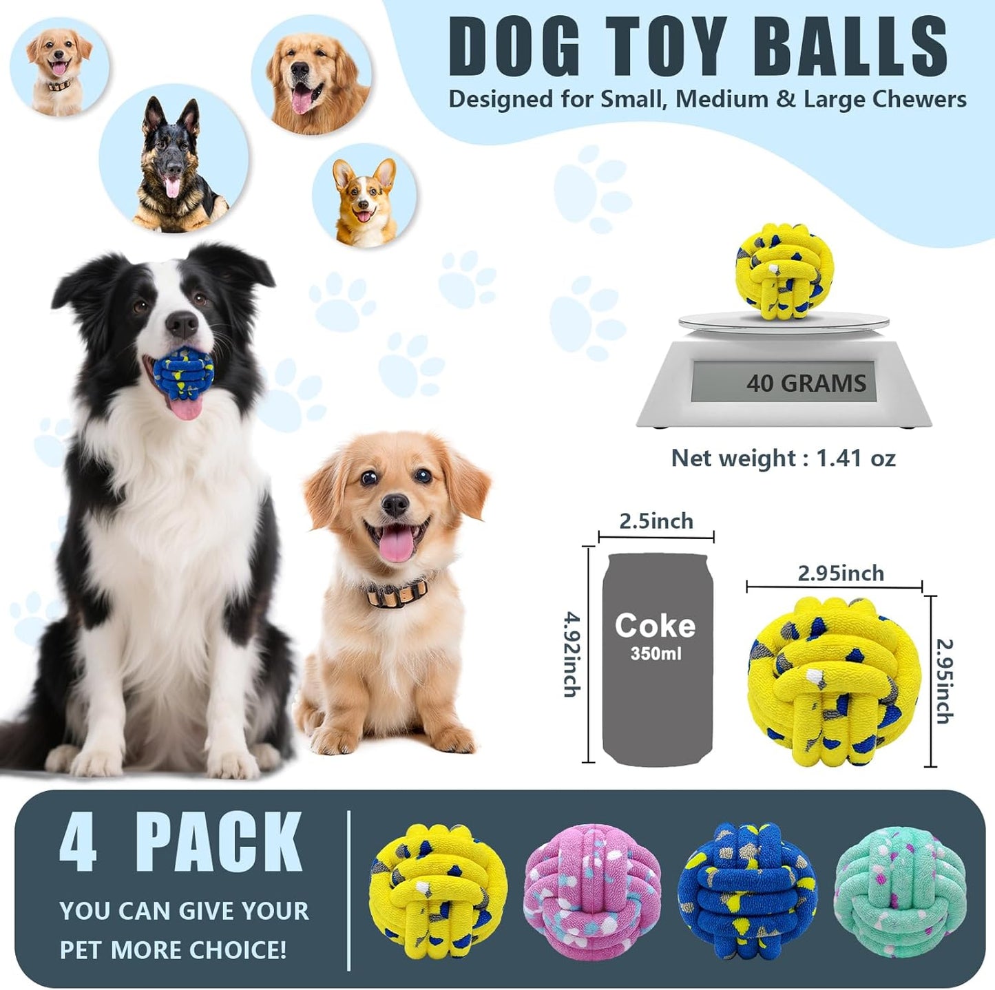 Dog Balls Tennis Ball Toys Dog Toy for Aggressive Chewers Indestructible Teething Chew Toys Water Toy Fetch Ball for Dogs (4 Pack)