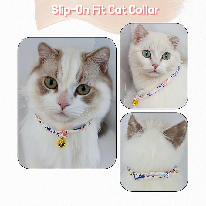 Handmade Cotton Cat Collar with Bell – Adjustable Slip-On Design, No Buckle, Lightweight Rope Collar for Kittens, Indoor Cats, and Small Pets (Breeze)