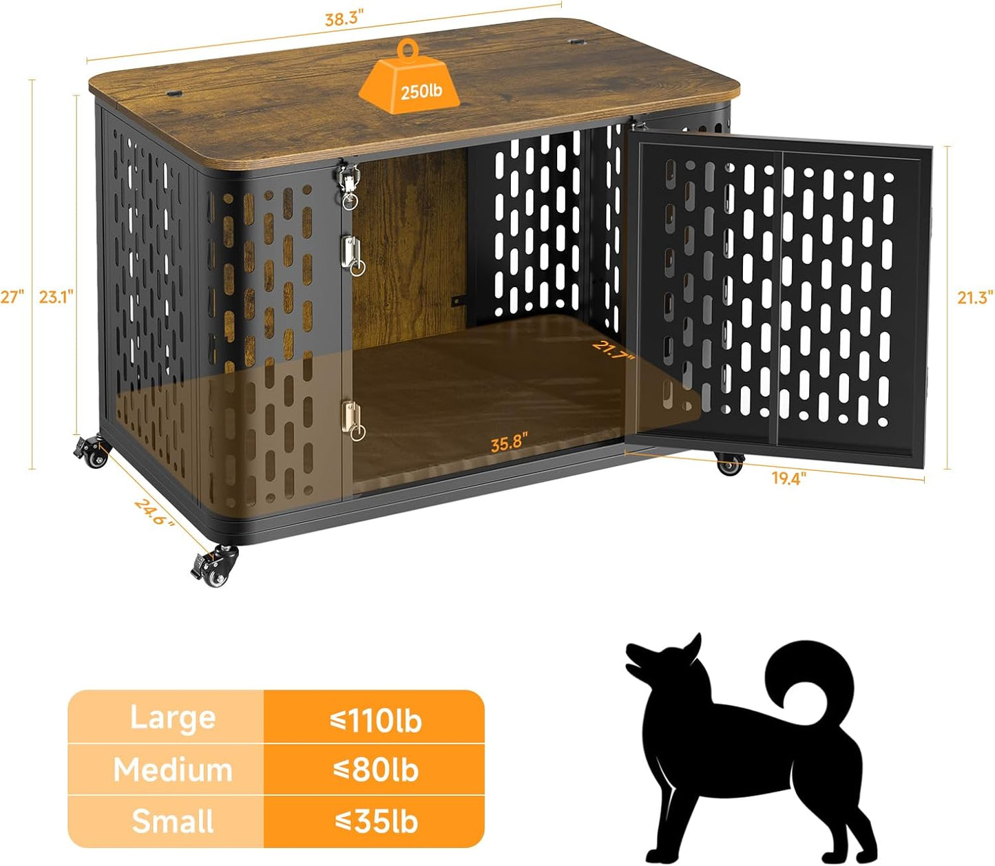 ONBRILL Dog Crate with Cushion, 38" Wood Heavy Duty Dog Crate Furniture with Flip Top & Wheels for High Anxiety Dog, Escape Proof Pet Cage for Small/Medium Dogs