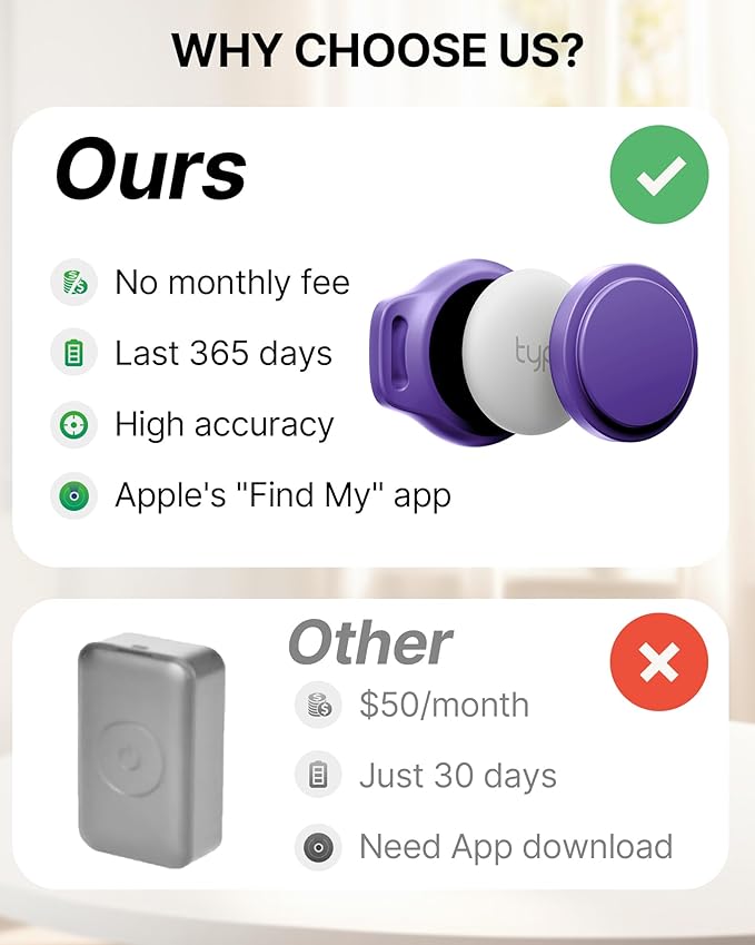 Cat Tracker Collar - Waterproof Airtag Cat Collar with Finder Tag (iOS ONLY), Compatible with Apple Find My, Breakaway Tractive Design with Reflective Pattern & Bell, Purple(Not for Android Devices)