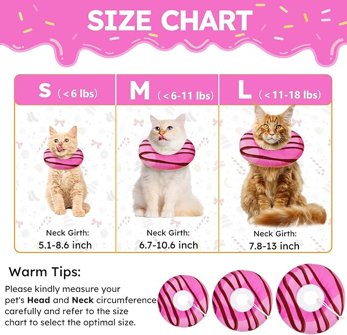 Cat Cone Collar Soft, Cat Recovery Collar for Wound Healing Cute Donut Adjustable Kitten Cones to Stop Licking Comfortable Lightweight Neck Elizabethan Collars for Kittens After Surgery