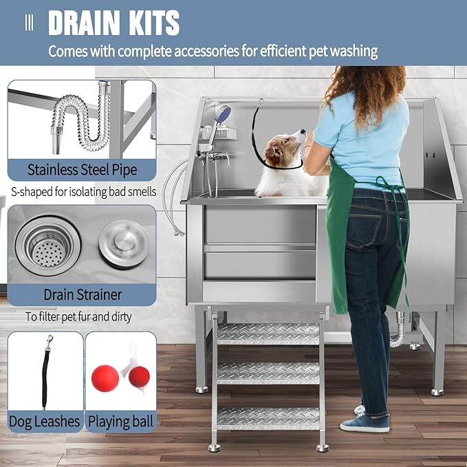 50" Pet Dog Bathing Station W/Ramp, Professional Stainless Steel Dog Grooming Tub W/Storage Drawer, Floor Grate, Faucet, Dog Bathtub For Large,Medium, Small Pets, Washing Sink For Home (50"Left ramp)