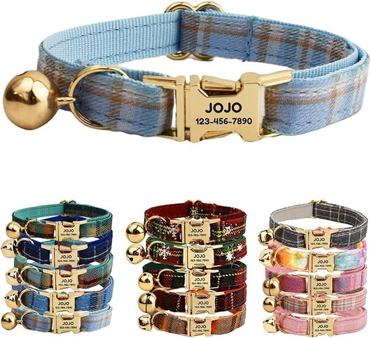 Plaid Polyester Personalized Cat Collar with Name & Owner Phone, Customizable Laser-Engraved, Charming Bell, Metal Buckle for Kittens and Cats - Matching Leash Available (Style-H)
