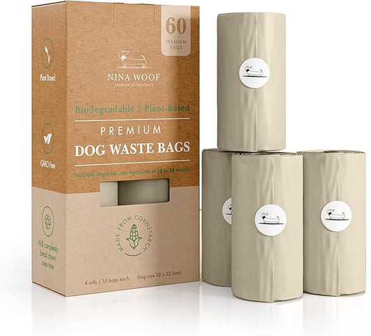100% Certified Home Compostable and Biodegradable Dog Poop Bags - ASTM D6400 & EN 13432 Compliant Dog Waste Bags – 60 Bags – 4 x Rolls of Plant Based Compostable Poop Bag